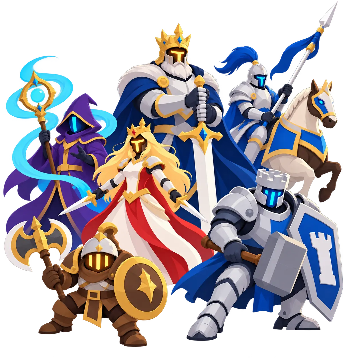 The king, queen, wizard, mounted knight, axe-bearing pawn and hammer-wielding sentinel stand together in a sunlit fantasy valley.